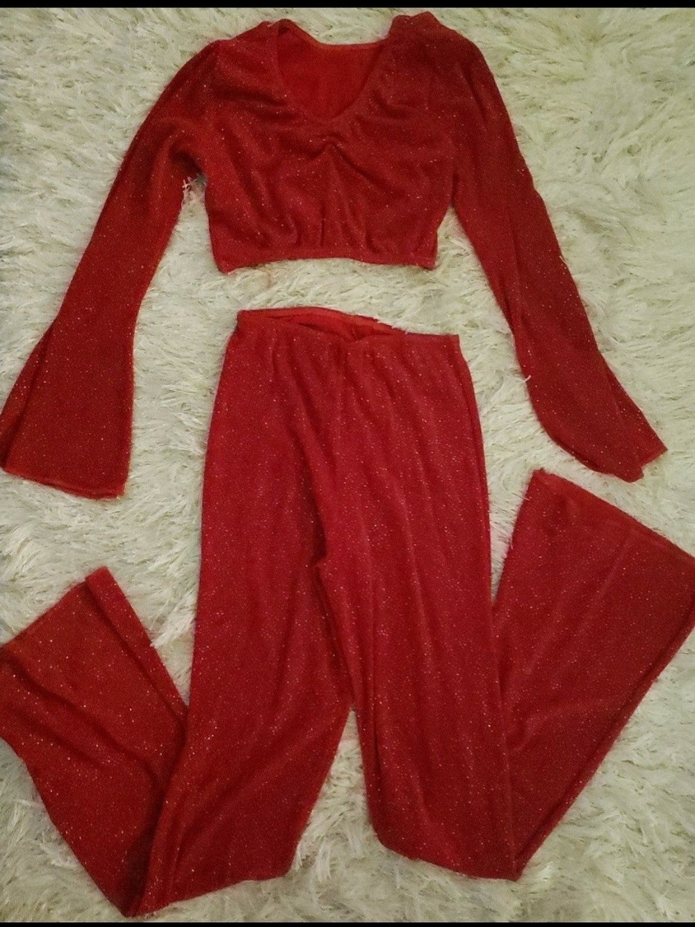 Red Sparkle High-Waist Wide-Leg Pants Set - Women Medium Adult